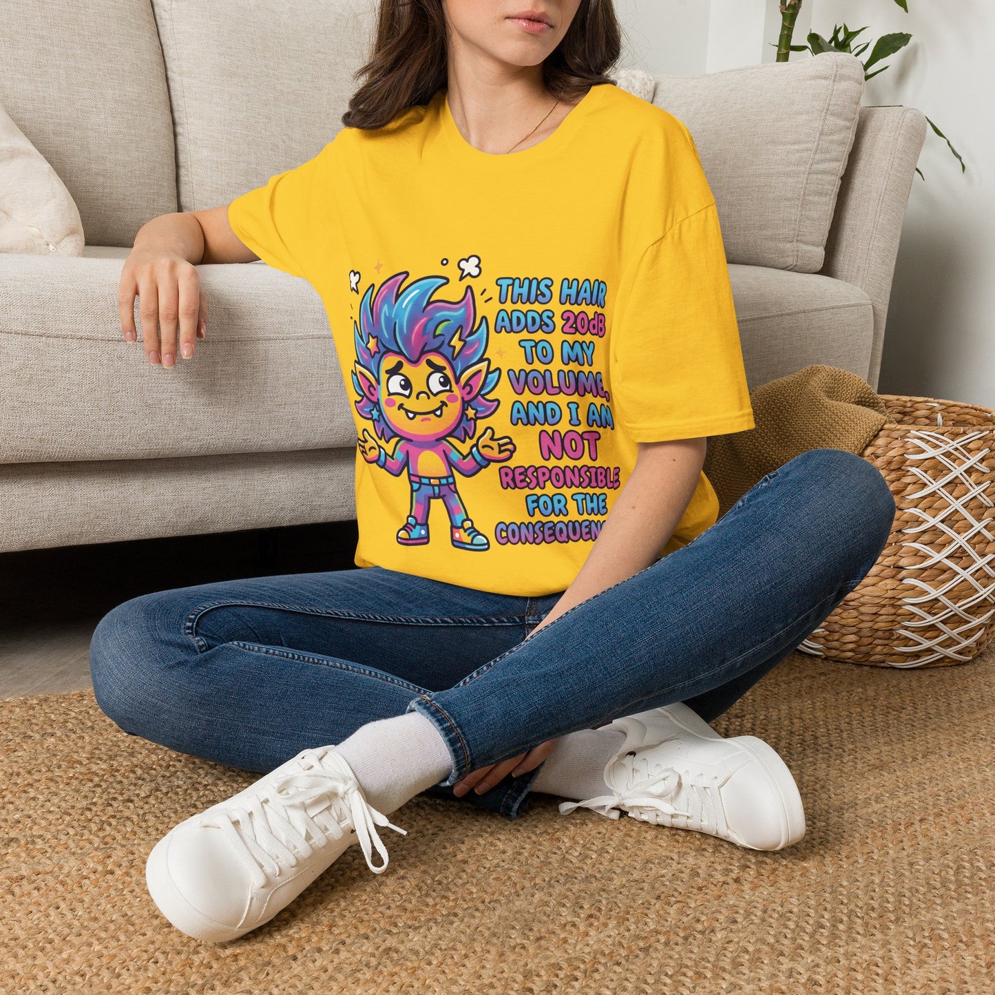 T-Shirt — "This Hair Adds 20dB to My Volume" Colorful Graphic Tee
