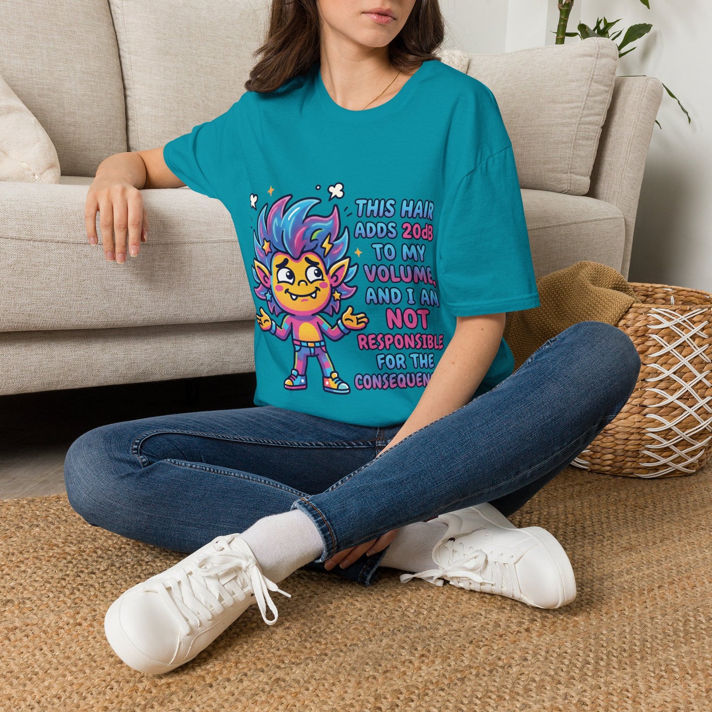 T-Shirt — "This Hair Adds 20dB to My Volume" Colorful Graphic Tee