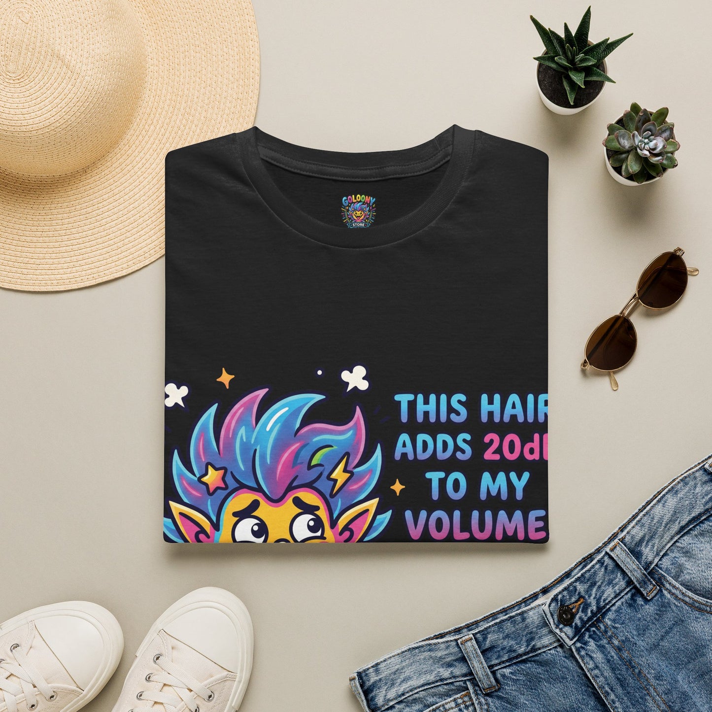 T-Shirt — "This Hair Adds 20dB to My Volume" Colorful Graphic Tee