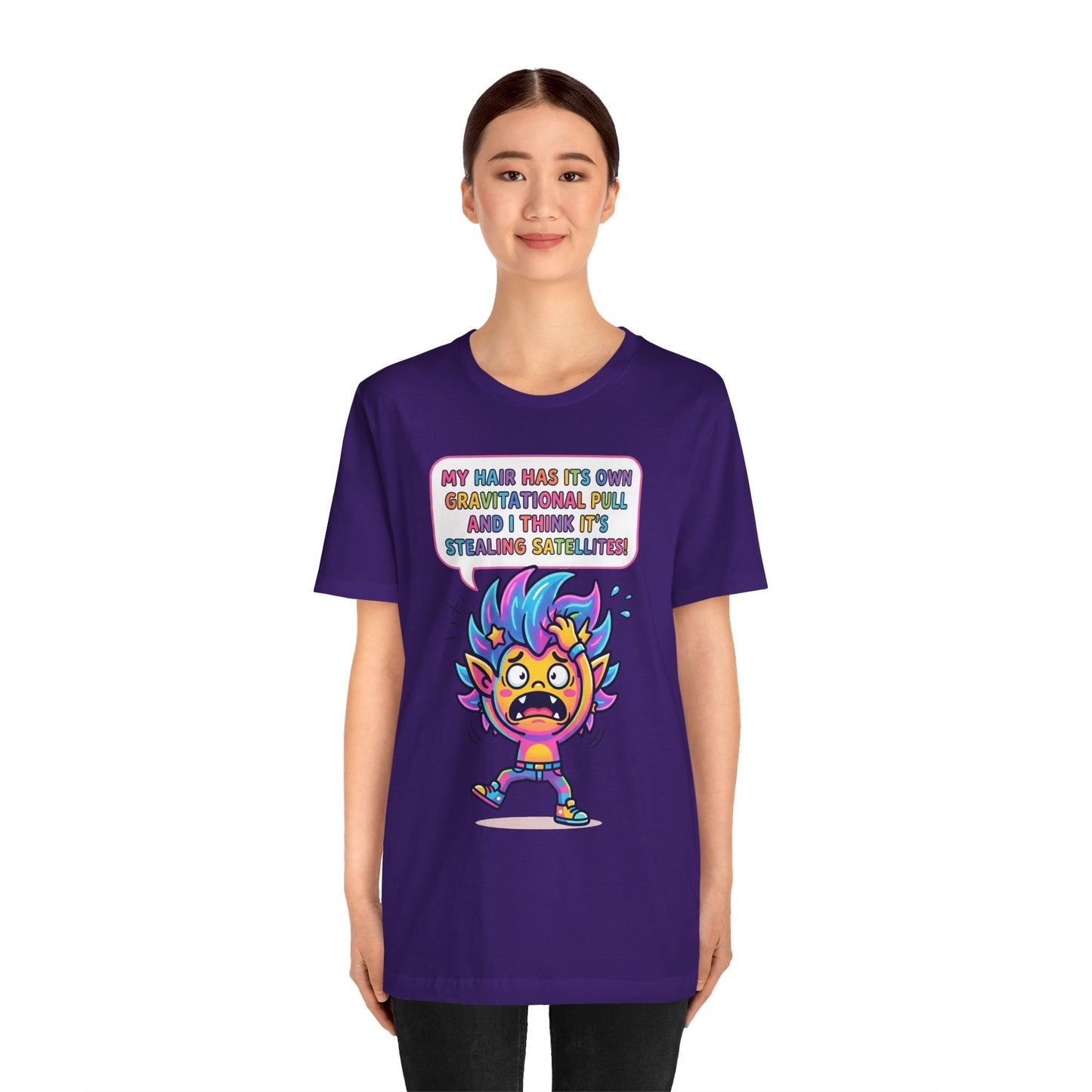 Cosmic Colorful Graphic Tee — "My Hair Has Its Own Gravitational Pull" T-Shirt