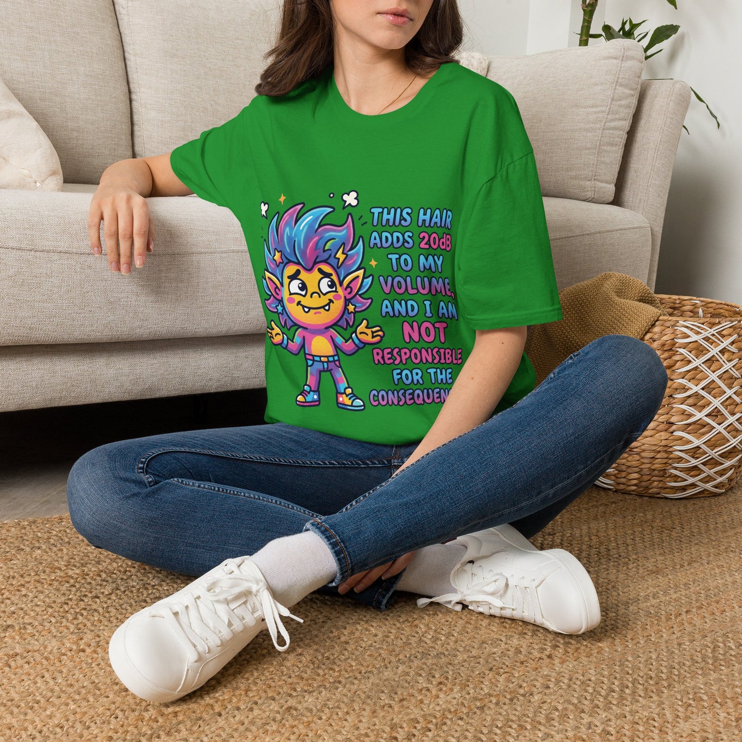 T-Shirt — "This Hair Adds 20dB to My Volume" Colorful Graphic Tee